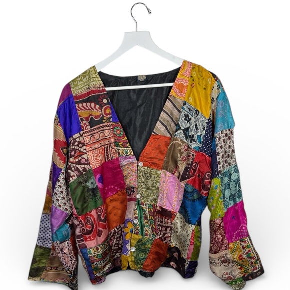 Sacred Threads Tops - Sacred Threads Flowy Vintage Silk Patchwork Button-front Jacket Boho Top W2098